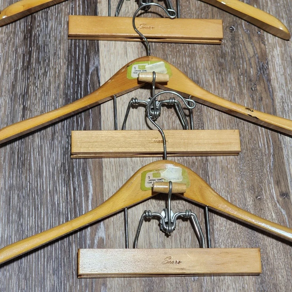 Lot 8 Vtg Wooden Hangers Suit Coat Pants Slacks Trouser Locking Clasp Sears